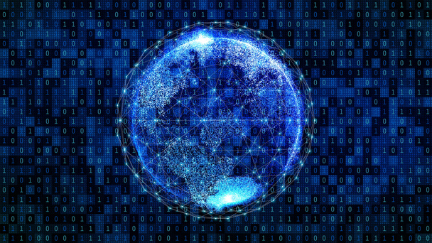 Maailmassa. Planet Earth digitaalinen tietokone verkkoyhteys linjat ja binäärikoodinumero internet teknologian käsite globaalin liiketoiminnan, 3d abstrakti esimerkki
 - Valokuva, kuva