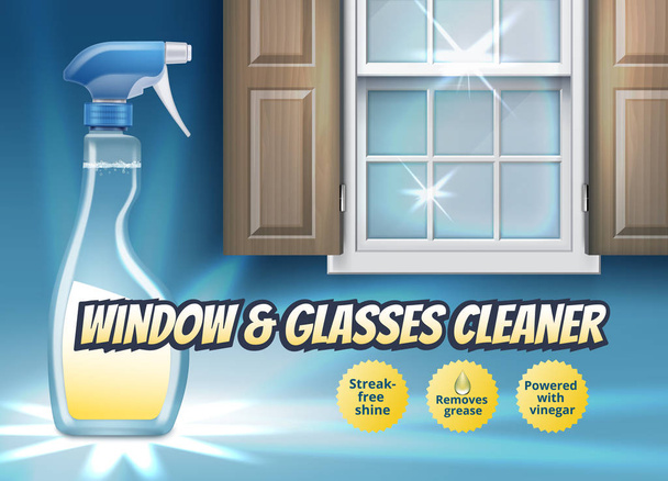 Vektor-Illustration des Kunststoff-Sprühpistolenreinigers mit Reinigungsmittel für Fenster und Glas, Werbebanner im Hintergrund - Vektor, Bild