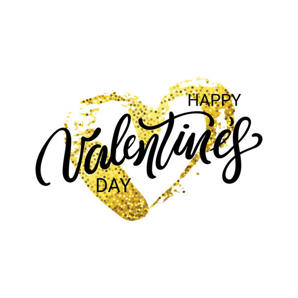 Valentines Day lettering with hand drawn Heart. Gold San Velantin Calligraphy isolated on white background. Cute romantic holidays tag, sticker, print, poster. - Vector, Image