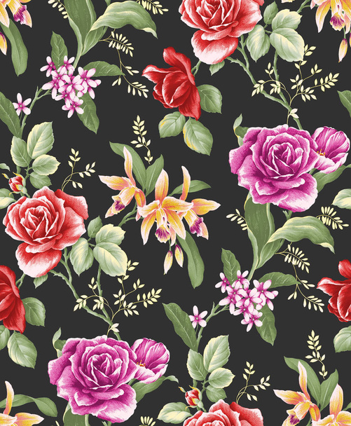 Seamless floral pattern with roses on black background. Clothing design. Background for creativity. Trendy textile, fabric, wrapping. - Foto, imagen