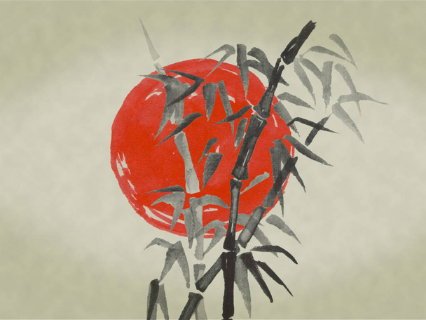 Japan traditional sumi-e painting. Watercolor and ink illustration in style sumi-e, u-sin. Fuji mountain, sakura, sunset. Japan sun. Indian ink illustration. Japanese picture. - Фото, зображення