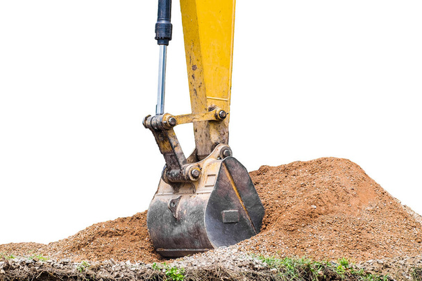 Большой экскаватор тяжелый копать почвенный камень, на белом фоне
 - Фото, изображение