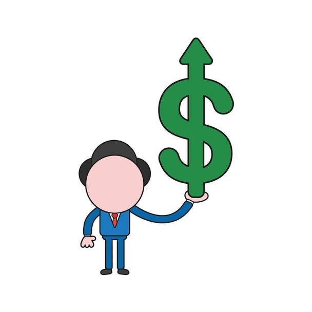 Illustrazione vettoriale personaggio uomo d'affari con simbolo dollaro con freccia in movimento verso l'alto. Colore e contorni neri
. - Vettoriali, immagini