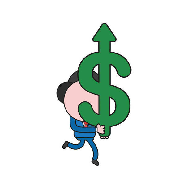Illustrazione vettoriale personaggio uomo d'affari in esecuzione e portando simbolo del dollaro con freccia in movimento verso l'alto. Colore e contorni neri
. - Vettoriali, immagini