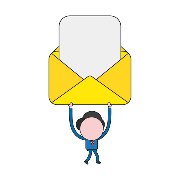 Illustration vectorielle personnage d'homme d'affaires marchant et tenant l'enveloppe de courrier ouvert avec du papier blanc. Couleur et contours noirs
. - Vecteur, image
