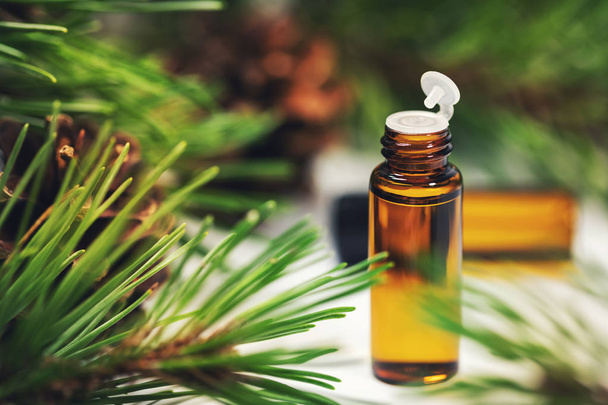 close up of bottle with pine essential oil - Photo, Image