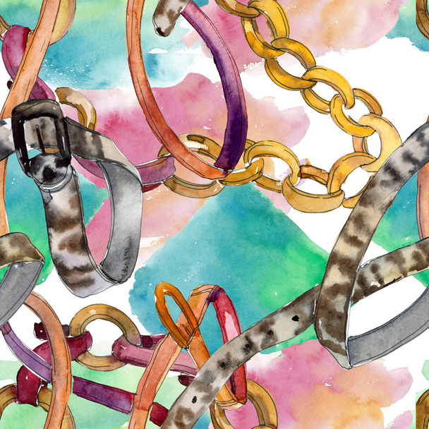 Leather spotted belt sketch fashion glamour illustration in a watercolor style background. Seamless background pattern. - Photo, Image