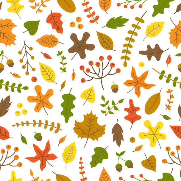Colorful autumn leaves vector seamless pattern. Fall nature, leaves and plants background. - Vector, Image