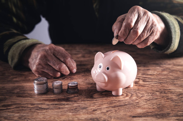 Yaşlı kadın domuz kumbarasına para yatırıyor.. - Fotoğraf, Görsel