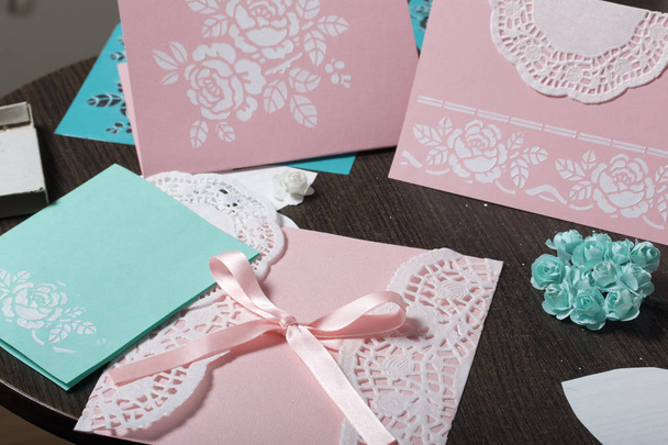 Making greeting cards from paper, cardboard and tape. - Φωτογραφία, εικόνα