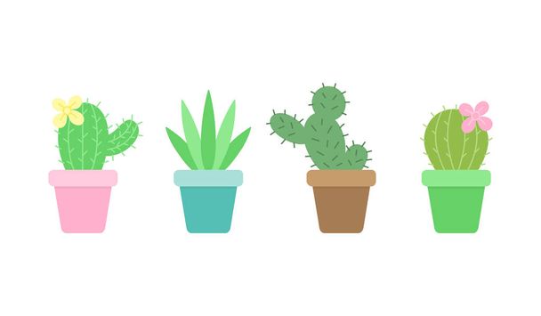 Cute cactus set, four different cacti in little plant pots, vector illustrations,  succulent isolated icon collection. - Vector, Image