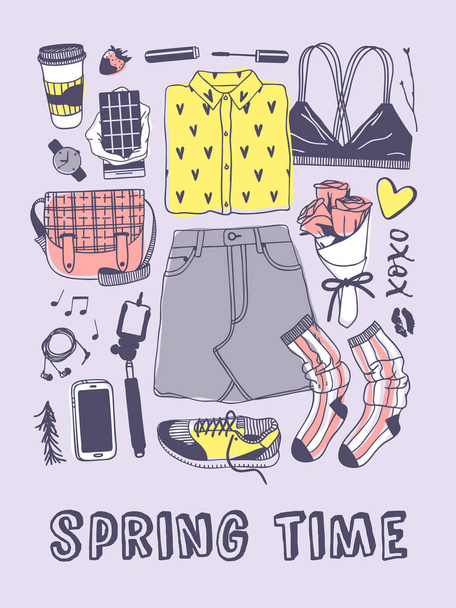 Hand drawn Spring Fashion illustration wear and text. Actual Season vector on violet background. Artistic doddle drawing skirt, bra, shirt, sneackers, socks, bag, phone, headphones and quote SPRING TIME. Creative ink art work - Vector, imagen
