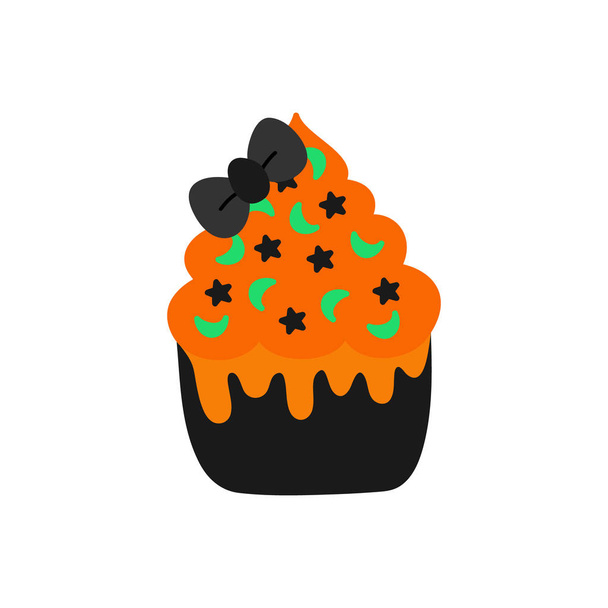 Cute hand drawn black cupcake vector illustration. Halloween themed and decorated cupcake with orange frosting and green moon and black star sprinkles and black ribbon bow, isolated. - Vector, Image