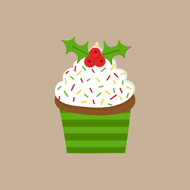 Christmas cupcake vector illustration icon. Cute chocolate cupcake decorated with whipped cream frosting, colorful sprinkles and mistletoe on top. Isolated on beige background. - Vektör, Görsel