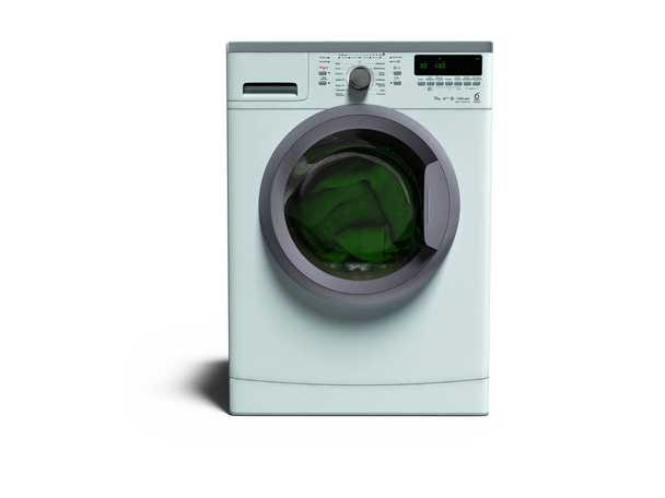 Kék mosógép mosási ruhák 3d render a fehér háttér, árnyék - Fotó, kép