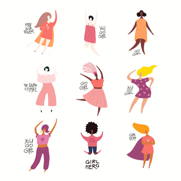 Набор разнообразных женщин с цитатами о женской силе, Ручная рисованная векторная иллюстрация, Концепция феминизма и женского дня
  - Вектор,изображение