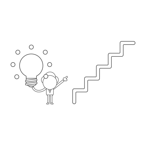 Векторная иллюстрация персонаж бизнесмена, держащий светящуюся лампочку и указывающий на вершину лестницы. Чёрный контур
. - Вектор,изображение