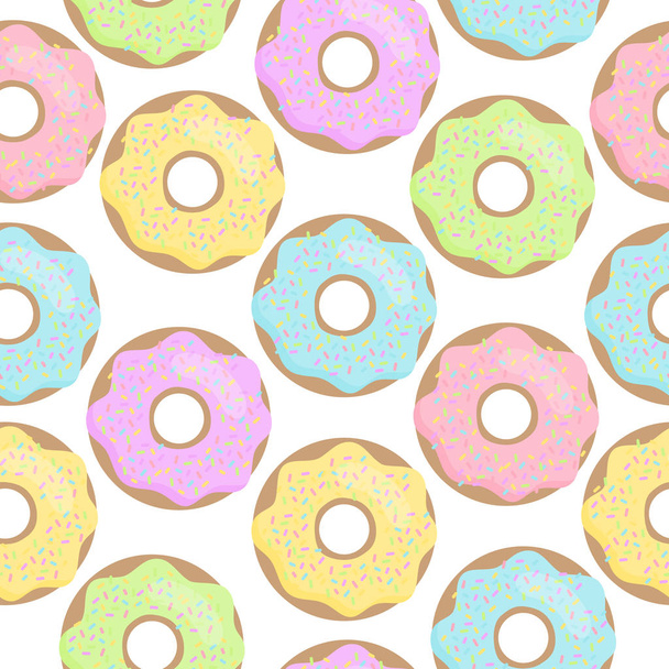Cute colorful doughnut vector seamless pattern. Pastel sugar iced donuts with rainbow sprinkles. - Vektör, Görsel