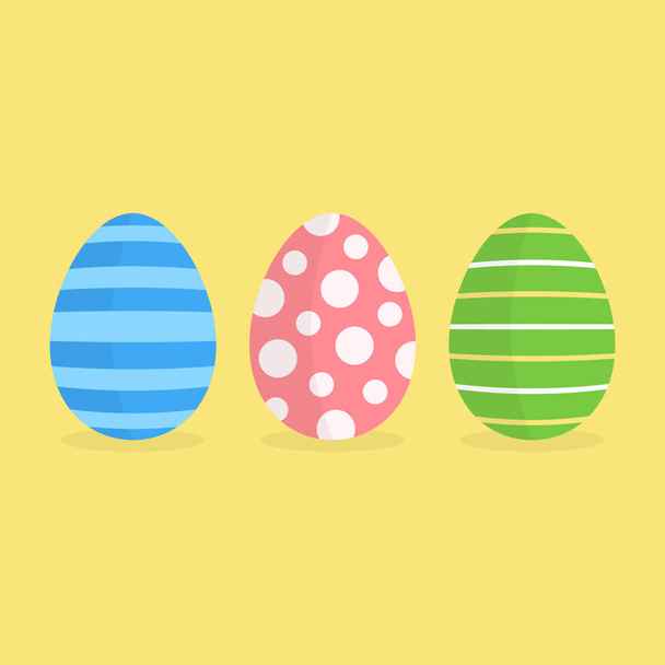 Barevná ikonka pro velikonoční vaječné vajíčko. Tříbarvená velikonoční vajíčka se vzory, izolovaná na žlutém pozadí. Růžové tečkované vajíčko, modré proužkované a zelené s bílými a žlutými tenkými pruhy. - Vektor, obrázek