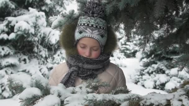 Boldogtalan gyermek lány felállni fenyő és pózol, téli erdőben, gyönyörű táj havas fenyők alatt - Felvétel, videó