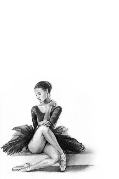 Balerin siyah. dansçı oturuyor. kız. karakalem. grafik - Fotoğraf, Görsel