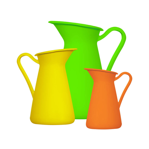 Хранение жидкостей - зеленый оранжевый и желтый кувшин на белом фоне. Isolated
 - Фото, изображение