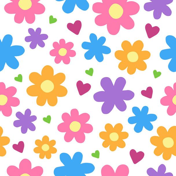 Cute cartoon floral seamless pattern. Flowers and hearts pattern, vector illustration doodle drawing. Isolated on white background. - Vektör, Görsel