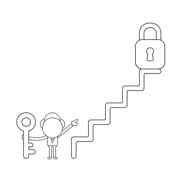 Ilustração vetorial personagem empresário segurando chave e apontando cadeado no topo das escadas. Esboço preto
. - Vetor, Imagem