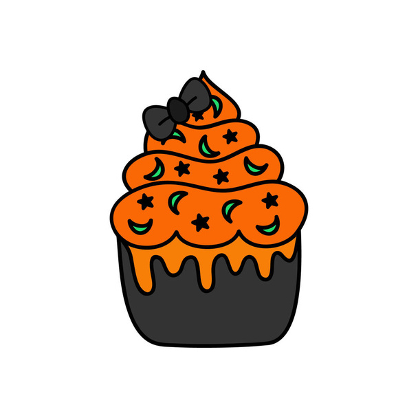 Cute hand drawn black cupcake vector illustration. Halloween themed and decorated cupcake with orange frosting and moon and star sprinkles, isolated. - Vector, Image