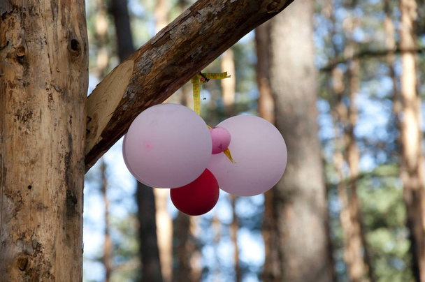 ballon opknoping op de houten balk voor de partij van de kindverjaardag buiten - Foto, afbeelding