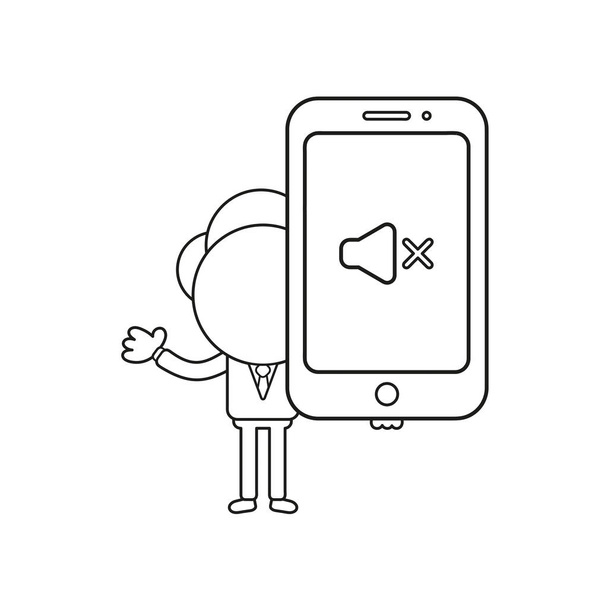 Векторна ілюстрація бізнесмен персонаж тримає смартфон зі звуком піктограми. Чорний контур
. - Вектор, зображення