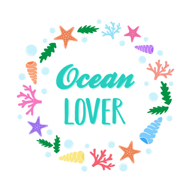 Ocean szerető, tengeri lények és elemek alakú kör, vektor illusztráció Doodle rajz. Óceán üdvözlőkártya izolált fehér háttér. - Vektor, kép
