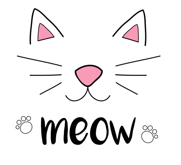 Dibujo de ilustración vectorial de maullido de gato con escritura, contornos negros de la cabeza del gato, hocico del gato con orejas, bigotes y patas
 - Vector, imagen