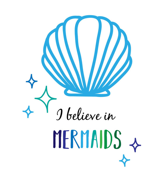 Işıltılı pırıltılar ve yazma ile deniz tarağı midye kabuğu ben Mermaids inanıyoruz, vektör illüstrasyon beyaz arka planda izole çizim - Vektör, Görsel