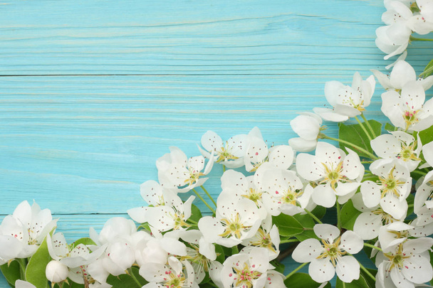Achtergrond met witte bloemen bloeit in het voorjaar op blauwe houten achtergrond. bovenaanzicht - Foto, afbeelding