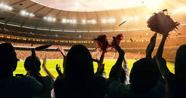 Group of cheering fans watch a sport championship on stadium. Their team wins and everybody are celebrating this event. People are dressed in casual cloth. - Photo, Image