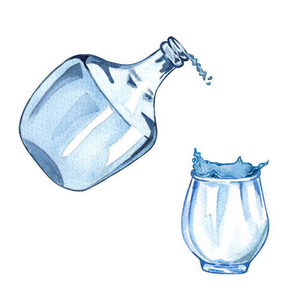Акварель Иллюстрация наливания воды в чашку из стеклянной бутылки с брызгами воды. Ручная иллюстрация стеклянной бутылки и стеклянной чашки
.  - Фото, изображение