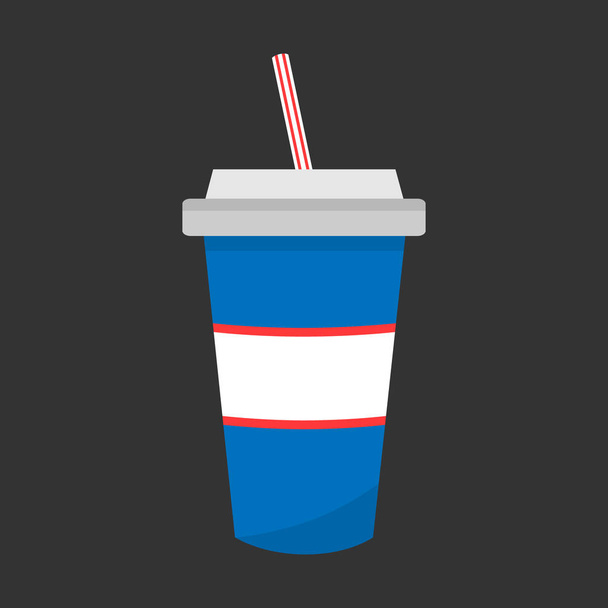 Blue paper cup with red and white striped straw and grey cap. Cinema beverage, soda water or soda pop on grey background. - Vector, Image