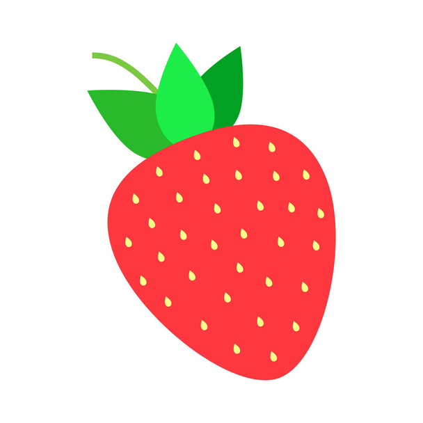 Lindo icono de dibujos animados vector fresa, fresa de color rojo claro con hojas verdes y pequeñas semillas amarillas. Verano fruta roja baya aislada sobre fondo blanco
. - Vector, imagen