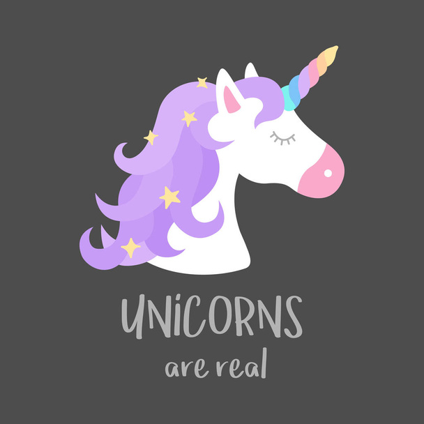 Los unicornios son cita real, icono de ilustración vectorial. Lindo estampado gráfico de unicornio colorido aislado sobre fondo gris
. - Vector, imagen