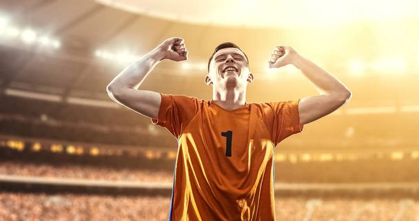 Happy soccer player celebrate a victory on a professional football stadium - Fotografie, Obrázek