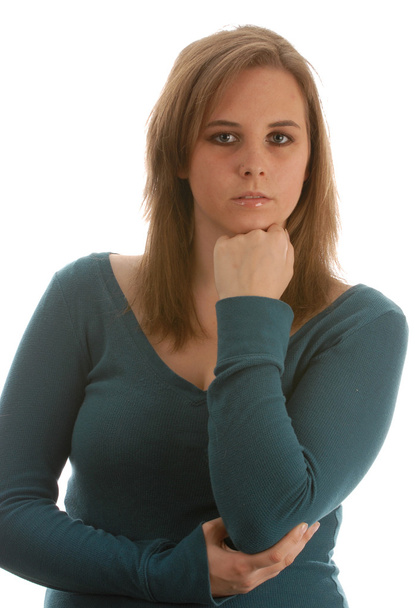 attractive woman in green resting elbow in hand - Zdjęcie, obraz