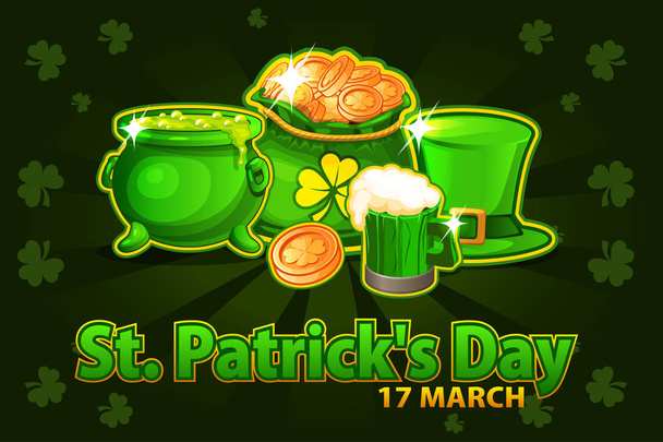 Cartoon hat, beer glass, coin and money bag and pot with magic potion. Vector Illustration For Happy St. Patrick Day. Greeting card, poster, banner. Objects on a separate layer - Vector, Image