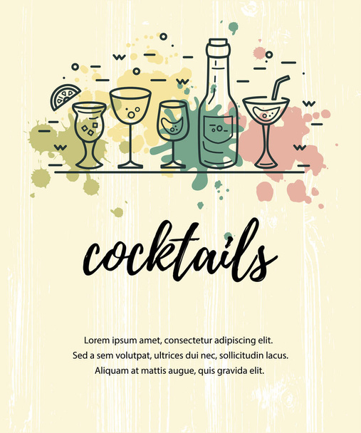 Illustration vectorielle avec verres à cocktail, bouteille et éclaboussures de peinture. Modèle pour menu de bar, fête, boissons alcoolisées, vacances, dépliant, web, affiche, bannière
. - Vecteur, image