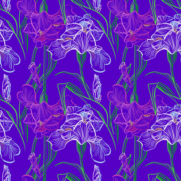 Iris flowers vector seamless pattern flowered background of botany texture - Vetor, Imagem