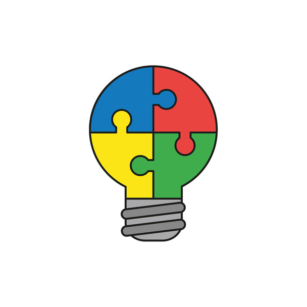 Illustration vectorielle de style design plat concept de puzzle en forme d'ampoule pièces de puzzle symboles icônes connectés sur fond blanc. Coloré, contours noirs
. - Vecteur, image