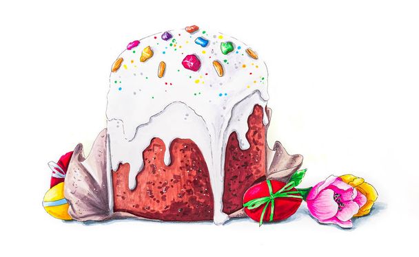 Пасхальный торт с яйцами и тюльпанами ручной работы иллюстрация с обрезкой путь изолирован на белом
 - Фото, изображение