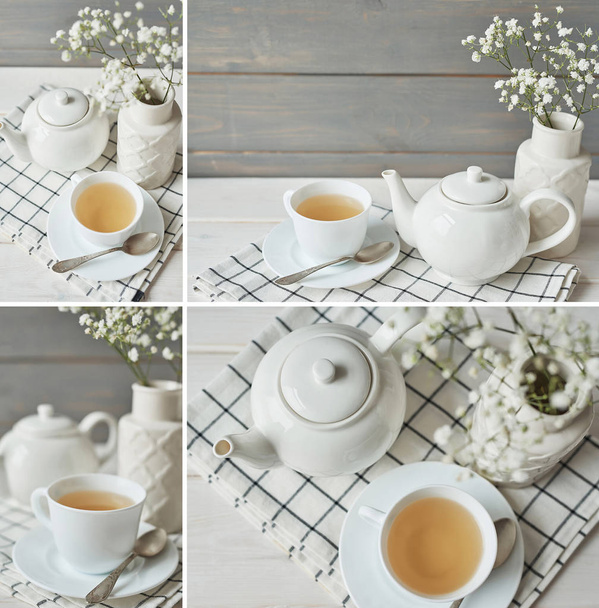 thé vert dans une tasse à côté d'une théière et un vase avec le souffle du bébé sur un fond en bois
 - Photo, image