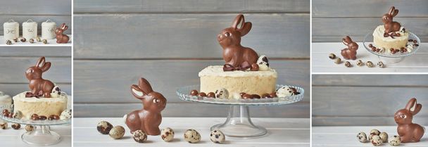 Gâteau de Pâques rustique avec lapins et œufs en chocolat
 - Photo, image