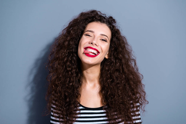 Closeup image portrait of charming delightful rejoicing careless optimistic glad in good mood with teeth toothy smile people lady student having fun isolated grey background - Φωτογραφία, εικόνα